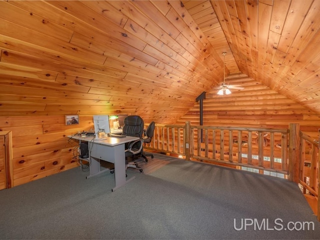 E1849 H44 Hwy, Trenary, MI 49891 - home office featuring wooden ceiling, rustic walls, a ceiling fan, carpet flooring, and high vaulted ceiling
