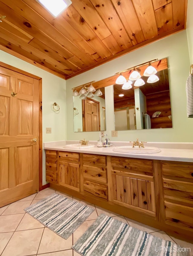 E1849 H44 Hwy, Trenary, MI 49891 - bathroom featuring double vanity, tile patterned floors, and wooden ceiling