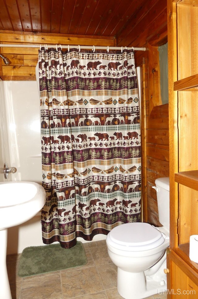 22252 E Webb Rd, Grand Marais, MI 49839 - bathroom with wood ceiling and a shower with shower curtain