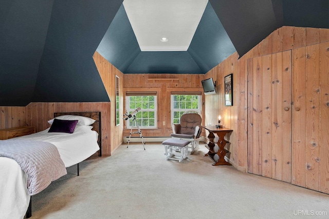 624 E G St, Iron Mountain, MI 49801 - bedroom with lofted ceiling, wooden walls, carpet, and a baseboard heating unit