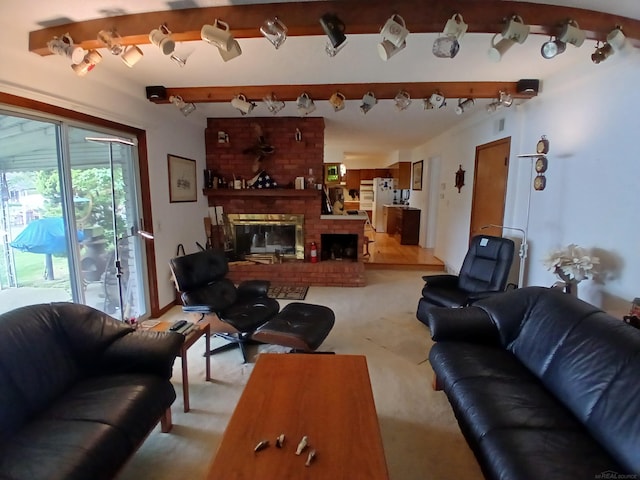 22460 La Von St, Saint Clair Shores, MI 48081 - living area with rail lighting, beam ceiling, a fireplace, and light carpet