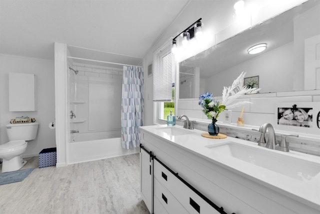 1371 Sturdevant St, Kimball, MI 48074 - bathroom with toilet, double vanity, shower / tub combo with curtain, and wood finished floors
