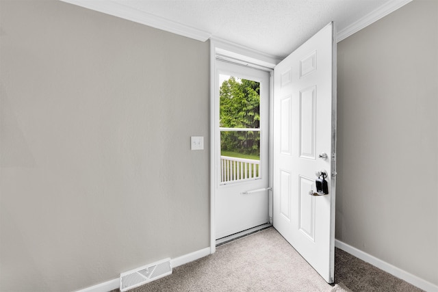 1371 Sturdevant St, Kimball, MI 48074 - doorway to outside with light colored carpet, crown molding, baseboards, and a textured ceiling
