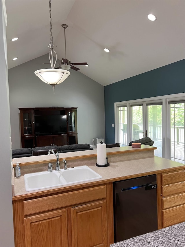 815 Cove Rd, Wales, MI 48027 - kitchen with dishwashing machine, a sink, open floor plan, vaulted ceiling, and a ceiling fan