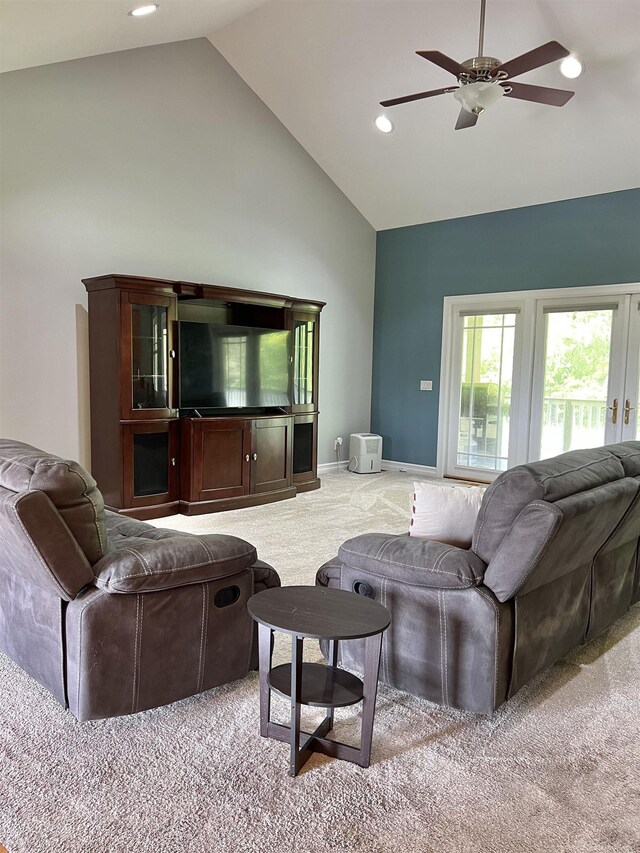 815 Cove Rd, Wales, MI 48027 - living room with carpet floors, high vaulted ceiling, a ceiling fan, recessed lighting, and baseboards