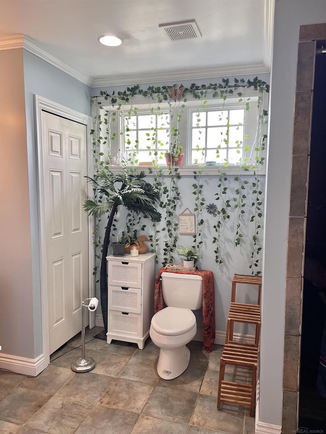 815 Cove Rd, Wales, MI 48027 - bathroom featuring toilet, baseboards, ornamental molding, and stone finish flooring