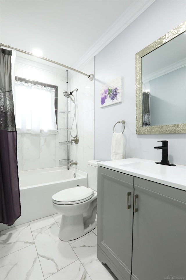23300 Allor St, Saint Clair Shores, MI 48082 - bathroom featuring shower / bathtub combination with curtain, vanity, toilet, ornamental molding, and marble look tiles