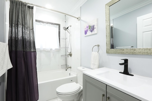 23300 Allor St, Saint Clair Shores, MI 48082 - bathroom with toilet, vanity, ornamental molding, and shower / tub combo with curtain
