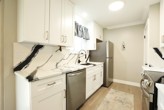23300 Allor St, Saint Clair Shores, MI 48082 - kitchen featuring stainless steel appliances, white cabinets, ornamental molding, light wood finished floors, and a sink