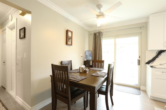23300 Allor St, Saint Clair Shores, MI 48082 - dining area featuring ornamental molding, ceiling fan, baseboards, and light wood-style flooring