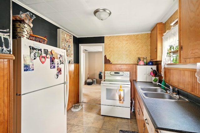 1471 James St, Burton, MI 48529 - kitchen featuring white appliances, a sink, wallpapered walls, dark countertops, and crown molding