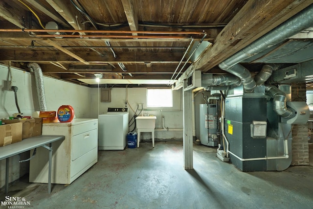622 Kendon Dr, Lansing, MI 48910 - basement with gas water heater, independent washer and dryer, heating unit, and a sink