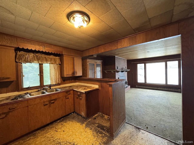 514/324 S Brook St, Michigamme, MI 49861 - kitchen featuring a peninsula, brown cabinets, a sink, wooden walls, and light carpet