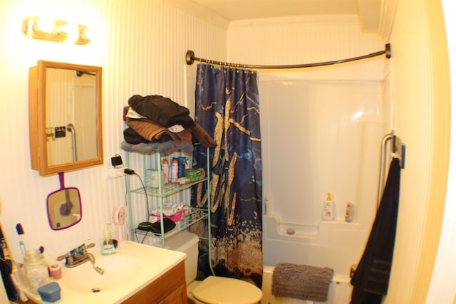 11330 Packard Ave, Warren, MI 48089 - bathroom with vanity, shower / bath combo with shower curtain, toilet, and crown molding