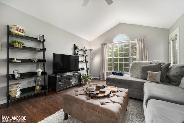 56214 Troon Dr, Shelby Twp, MI 48316 - living room with lofted ceiling, wood finished floors, ceiling fan, and baseboards