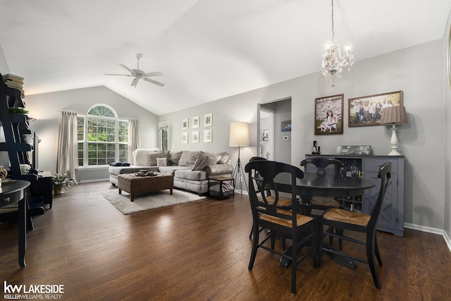 56214 Troon Dr, Shelby Twp, MI 48316 - dining room with a ceiling fan, lofted ceiling, dark wood-style floors, a chandelier, and baseboards