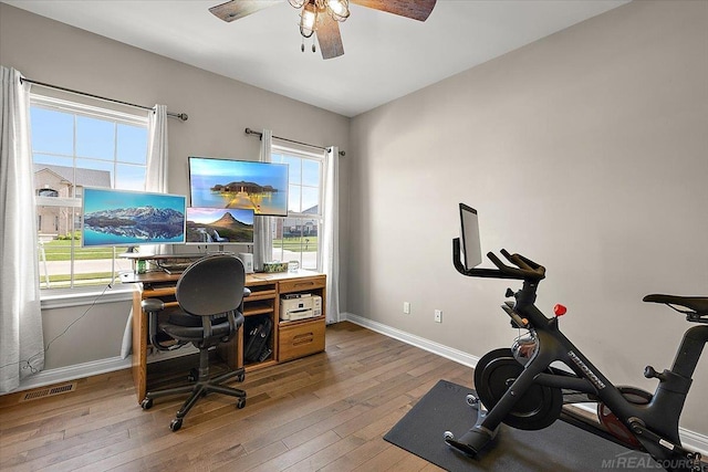29696 Kevin Rd, New Baltimore, MI 48051 - office area with ceiling fan, hardwood / wood-style flooring, and baseboards