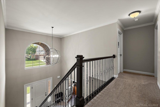 29696 Kevin Rd, New Baltimore, MI 48051 - hall featuring carpet flooring, a chandelier, an upstairs landing, baseboards, and ornamental molding