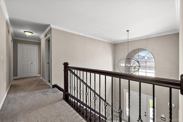 29696 Kevin Rd, New Baltimore, MI 48051 - corridor featuring an upstairs landing, a chandelier, carpet floors, baseboards, and crown molding