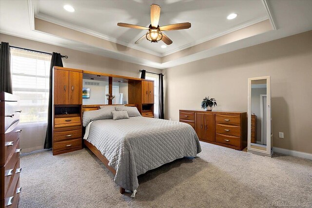 29696 Kevin Rd, New Baltimore, MI 48051 - bedroom with a raised ceiling, light colored carpet, crown molding, recessed lighting, and ceiling fan