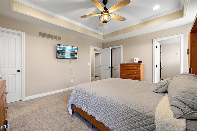 29696 Kevin Rd, New Baltimore, MI 48051 - carpeted bedroom featuring ornamental molding, a tray ceiling, baseboards, recessed lighting, and a ceiling fan
