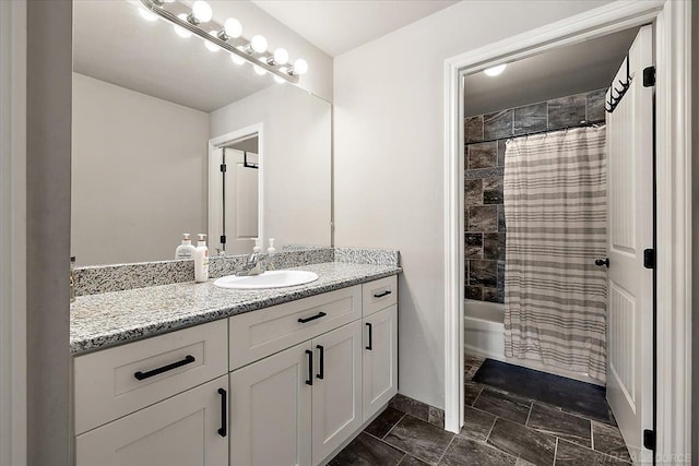 29696 Kevin Rd, New Baltimore, MI 48051 - full bathroom with vanity, shower / bathtub combination with curtain, and baseboards