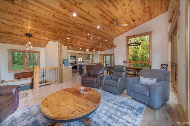 509 Red Rd, Michigamme, MI 49861 - living room with lofted ceiling, wooden ceiling, light wood-style floors, recessed lighting, and a ceiling fan