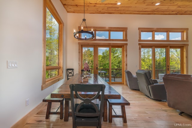 509 Red Rd, Michigamme, MI 49861 - dining room featuring french doors, a chandelier, wood ceiling, light wood-style floors, and recessed lighting