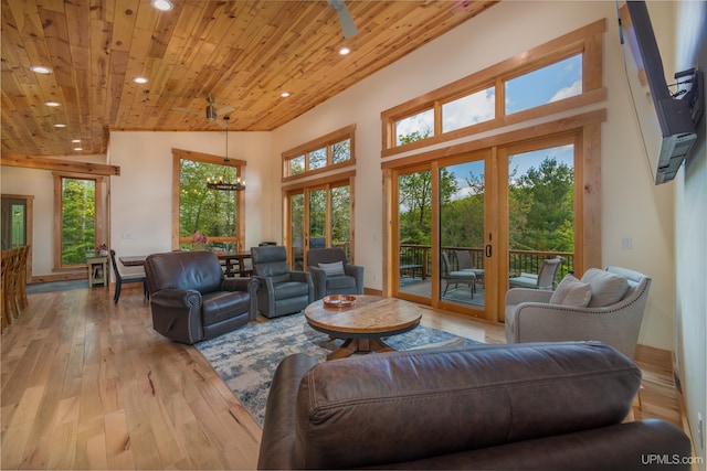 509 Red Rd, Michigamme, MI 49861 - living room with wood ceiling, recessed lighting, light wood-style floors, and a chandelier