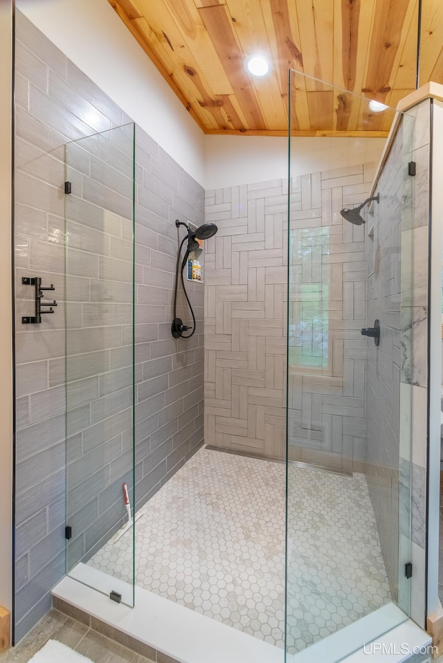 509 Red Rd, Michigamme, MI 49861 - bathroom with a stall shower and wood ceiling