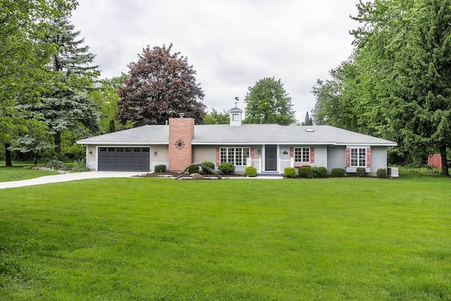 37207 27 Mile Rd, Roads, Lenox, MI 48048 - ranch-style house with an attached garage, a front yard, concrete driveway, a chimney, and central air condition unit