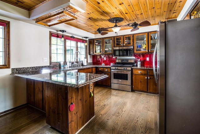 37207 27 Mile Rd, Roads, Lenox, MI 48048 - kitchen featuring stainless steel appliances, a peninsula, wood ceiling, light wood-style flooring, and a sink