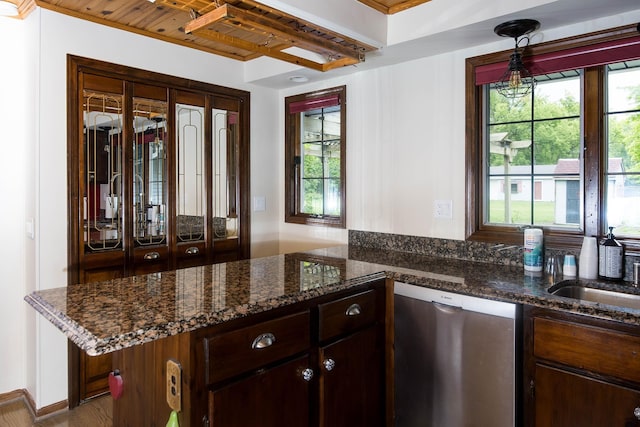 37207 27 Mile Rd, Roads, Lenox, MI 48048 - kitchen featuring stainless steel dishwasher, plenty of natural light, dark stone countertops, and a peninsula