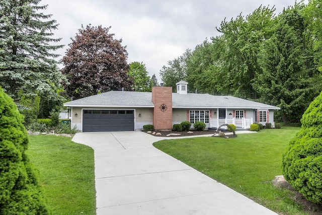37207 27 Mile Rd, Roads, Lenox, MI 48048 - ranch-style home with a garage, a front lawn, concrete driveway, covered porch, and a chimney