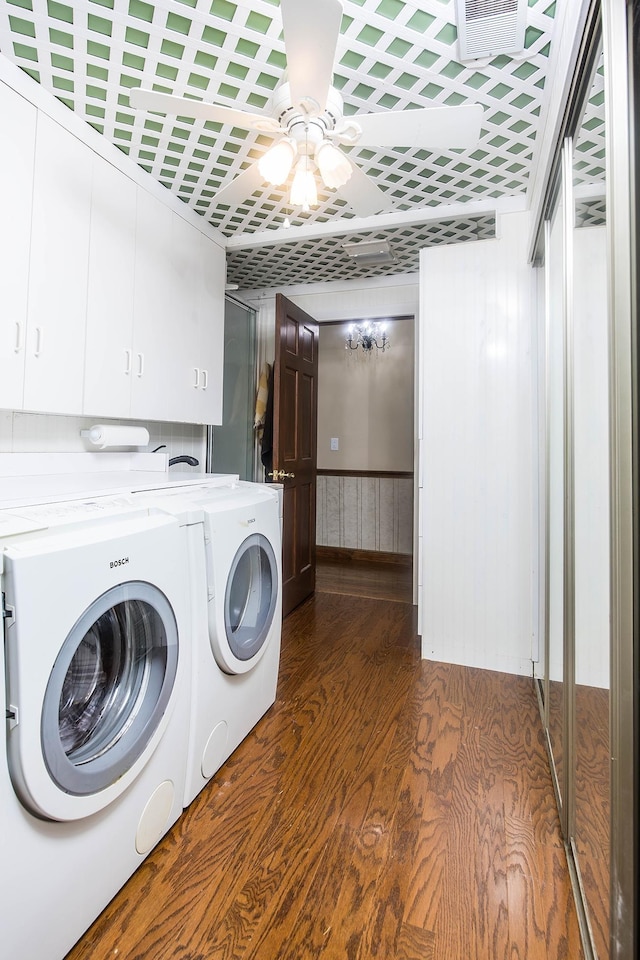 37207 27 Mile Rd, Roads, Lenox, MI 48048 - laundry room featuring cabinet space, independent washer and dryer, dark wood-style flooring, a ceiling fan, and a wainscoted wall