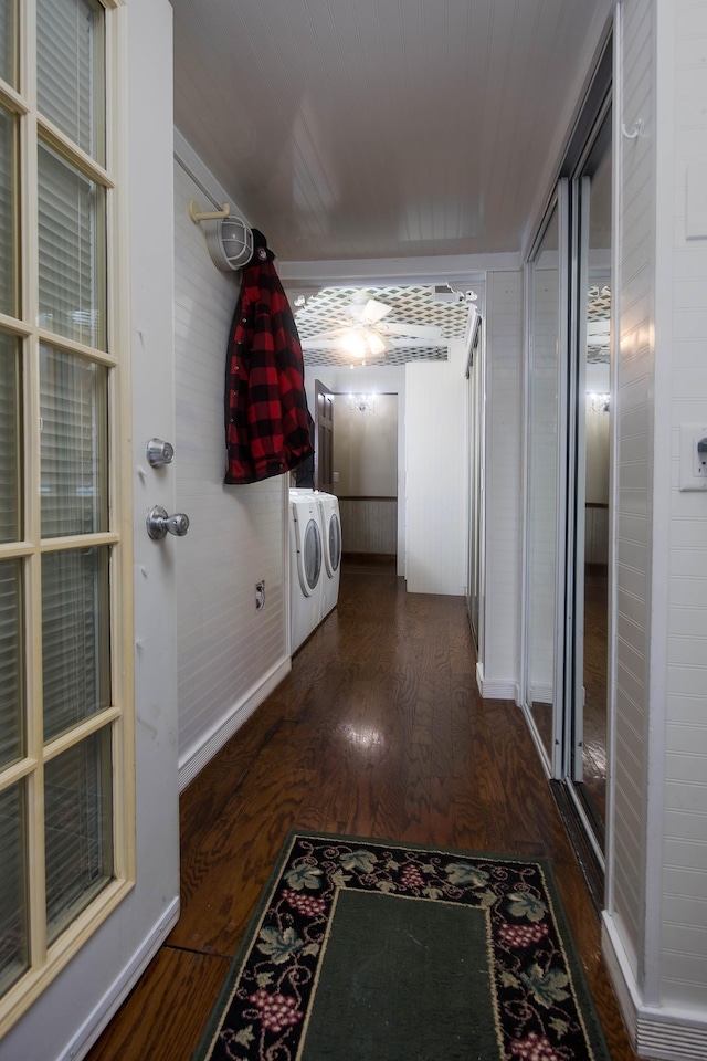 37207 27 Mile Rd, Roads, Lenox, MI 48048 - corridor with washer and dryer, dark wood-style flooring, and baseboards