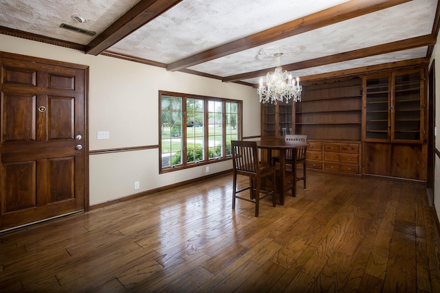 37207 27 Mile Rd, Roads, Lenox, MI 48048 - dining space with beamed ceiling, a chandelier, dark wood-style floors, and baseboards