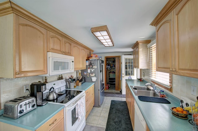 237 S Allen Rd, Saint Clair, MI 48079 - kitchen featuring white appliances, light brown cabinets, a sink, and decorative backsplash