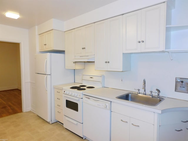 1364 Beaconsfield Ave, Grosse Pointe Park, MI 48230 - kitchen with white appliances, a sink, under cabinet range hood, open shelves, and light countertops