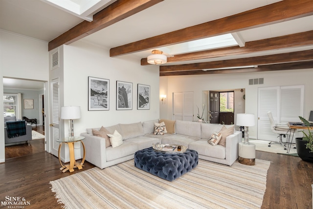 766 Lakeland St, Grosse Pointe, MI 48230 - living area featuring dark wood-type flooring, beamed ceiling, and a desk