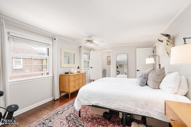 766 Lakeland St, Grosse Pointe, MI 48230 - bedroom featuring wood finished floors, ornamental molding, baseboards, and a ceiling fan