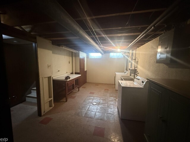 26167 Fairfield Ave, Warren, MI 48089 - below grade area featuring washer and dryer, electric panel, and stairs