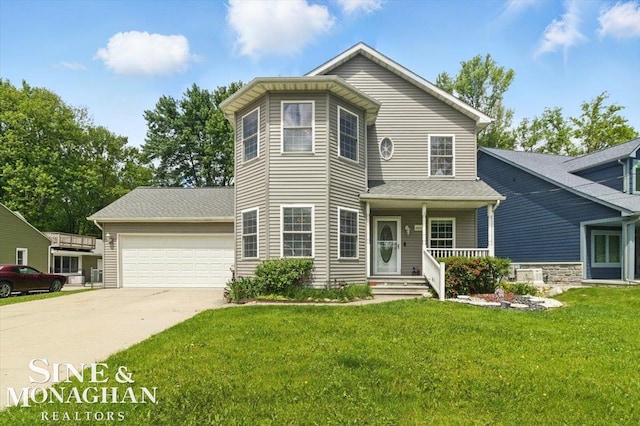 26123 Clear St, Harrison Twp, MI 48045 - view of front of property with driveway, a front lawn, a garage, and covered porch