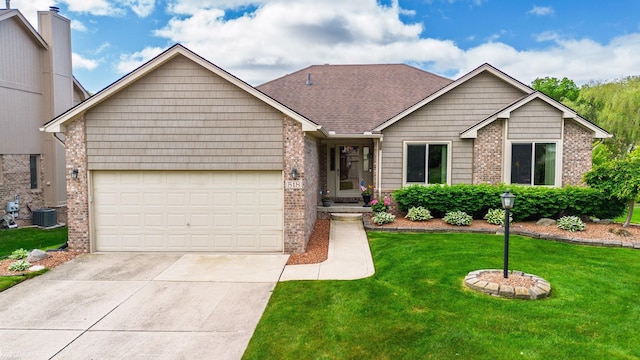 518 Lexington Dr, Rochester Hills, MI 48307 - ranch-style home featuring brick siding, concrete driveway, central AC unit, and a front yard