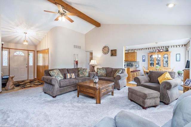 518 Lexington Dr, Rochester Hills, MI 48307 - living area with carpet floors, high vaulted ceiling, beamed ceiling, and ceiling fan