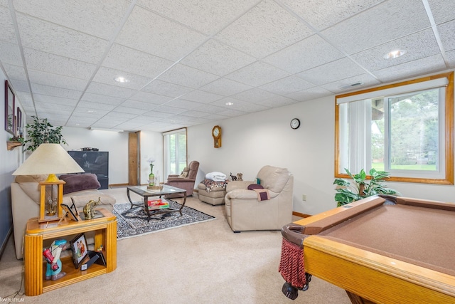 518 Lexington Dr, Rochester Hills, MI 48307 - living area featuring a paneled ceiling, carpet floors, billiards, and baseboards