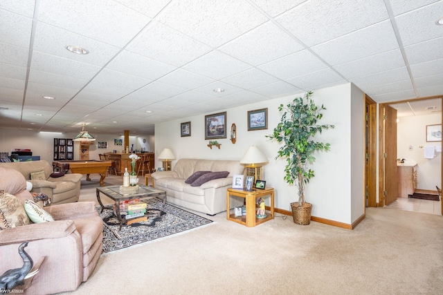 518 Lexington Dr, Rochester Hills, MI 48307 - living room with billiards table, carpet flooring, a paneled ceiling, baseboards, and recessed lighting
