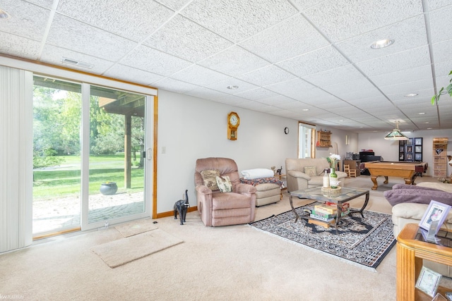 518 Lexington Dr, Rochester Hills, MI 48307 - carpeted living room featuring baseboards, a paneled ceiling, pool table, and recessed lighting