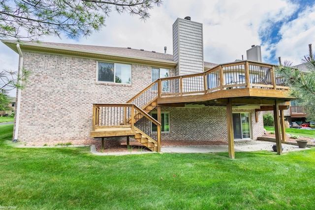 518 Lexington Dr, Rochester Hills, MI 48307 - rear view of property featuring a chimney, brick siding, a wooden deck, and stairs