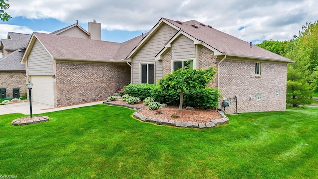 518 Lexington Dr, Rochester Hills, MI 48307 - view of front of home with brick siding, a chimney, a garage, a front lawn, and concrete driveway